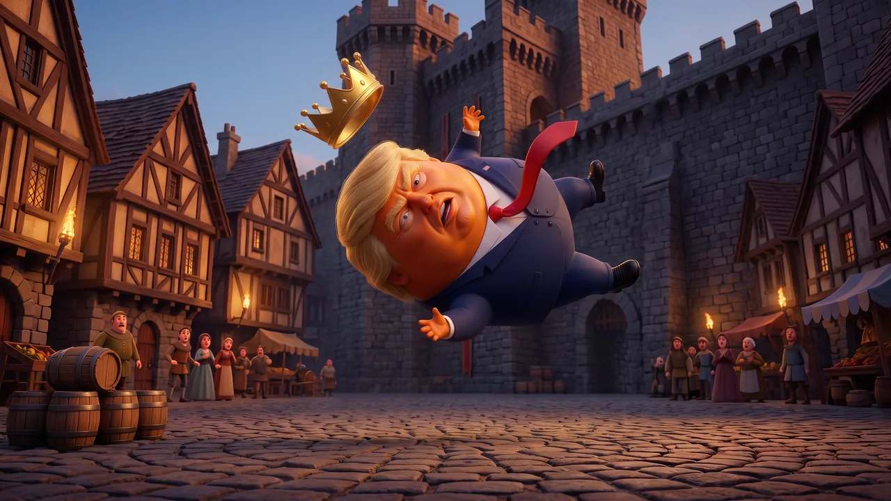 Trumpty Dumpty, crown flying, in the middle of his great fall.